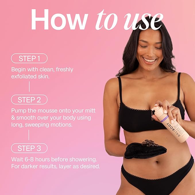 Bali Body Deep VioletSelf-Tanning Mousse + Mitt Bundle | Natural Looking Perfect Bronzed Shade | Streak-Free Green Based Tinted Self-Tanner + Reusable Stain-Free Tan Applicator | Vegan, Cruelty Free