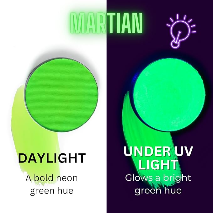 Mehron Paradise FX UV Neon Glow – Martian – Neon Green/Green UV 0.25 oz | Pro Water-Activated Shimmer Paint for Raves, Costumes, SFX, Halloween, Stage, Screen, Theater & Cosplay