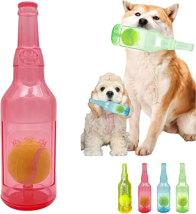 Tennis Ball in Bottle Dog Toy [2025 New Upgrade] Reinforced and Thickened Rubber Bottle Dog Chew Toy with Ball Squeaky Fetch Toy Tough (Red, Large)
