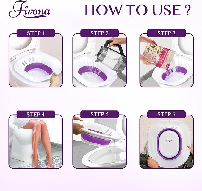 Fivona Sitz Bath for Toilet Seat Postpartum and Hemorrhoids Care - Yoni Steam Seat - Foldable Basin for Epsom Salt Soak - Portable Bidet BPA Free Temperature Resistant - Universal Fit - Purple
