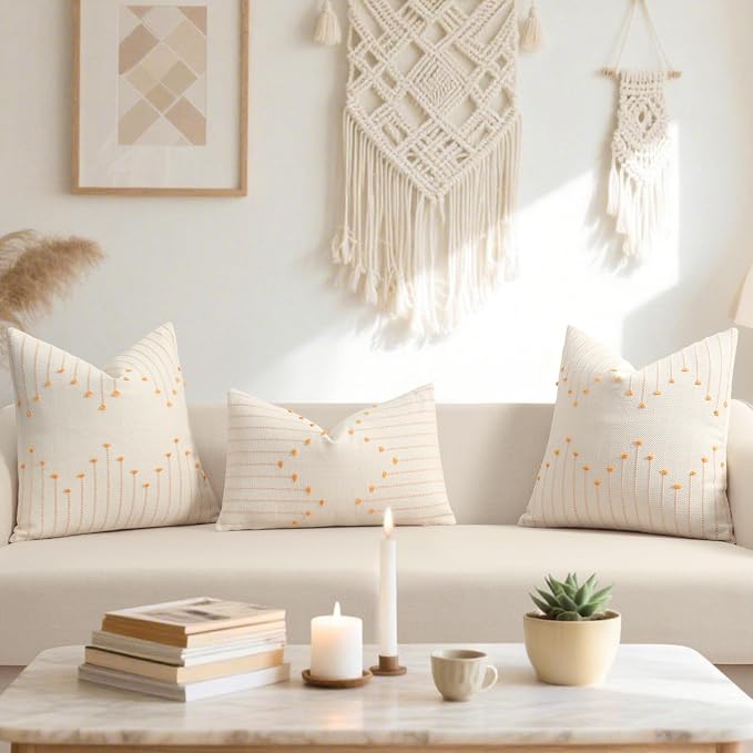 Boho Outdoor Throw Pillow Covers 18x18 Set of 2 Neutral Woven Decorative Pillowcases Cotton Tufted Couch Pillows Farmhouse Cushion Covers for Sofa Couch Bed Living Room Home Decor, Golden Yellow