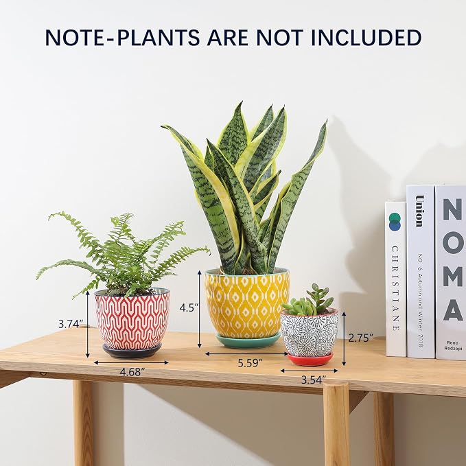 Selamica Ceramic Plant Pots, Indoor Flower Pots for Indoor Plants, 3.5+4.6+5.5 Planters with Drainage Hole & Saucer, Set of 3, Home Decor, Assorted Colors