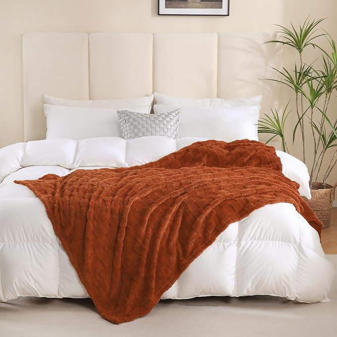 Burnt Orange Fleece Throw Blanket 60”×80”Checkered Design for Couch Sofa | Super Soft Cozy Plush Microfiber 3D Square Pattern Flannel Blanket for Bed Lightweight for Adults,Women