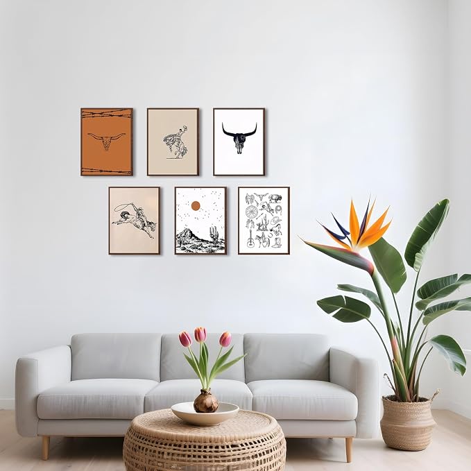 Vintage Western Cowboy Poster Set of 6, Southwestern Wall Art Longhorn Bull Skull Wall Decor Mid Century Retro Desert Canvas Painting Prints for Bedroom Living Room Dorm 12x16 inch Unframed