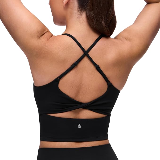 CRZ YOGA Butterluxe Twist Cross Back Crop Tank Tops for Women - Padded Adjustable Straps Yoga Longline Sports Bras