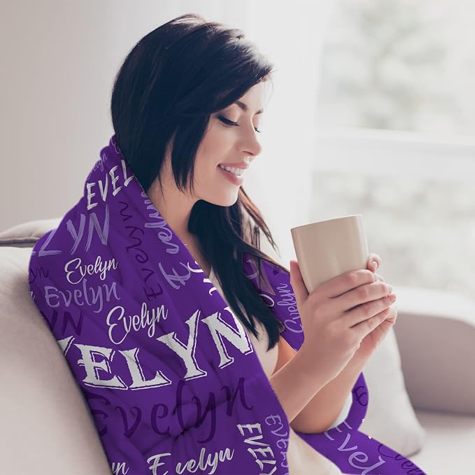 Personalized Custom Purple Theme Light Soft Flannel Fleece Throw Blanket with Name for Men, Women, Boys, Girls, Kids - Customized Name Gifts for Birthday, Christmas, Valentines Day