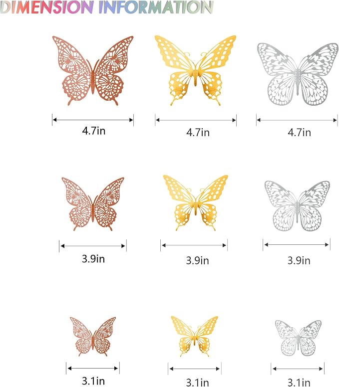 SAOROPEB 3D Butterfly Wall Decor, 72 Pcs 3 Styles 3 Sizes, Removable Metallic Wall Decor Sticker Room Mural Decals for Kids Bedroom Nursery Classroom Party Decoration Wedding Decor DIY Gift (3 Color) | 3 Styles 3 Sizes, Removable Wall Decor Sticker Roo...