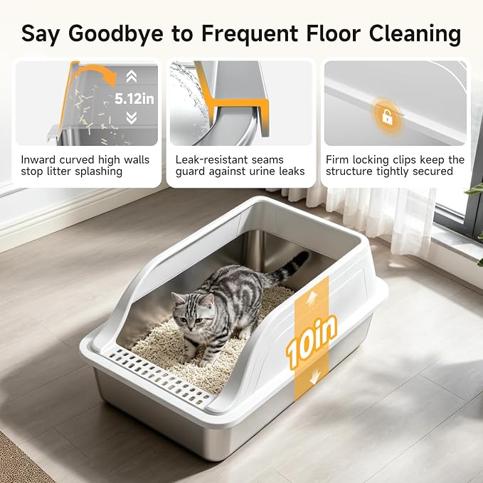 High-Sided Stainless Steel XL Cat Litter Box for Cats | Open Top, Front Entry, Non-Stick & Leak-Proof, Odor Free, Scoop Included, Anti-Urine Leakage