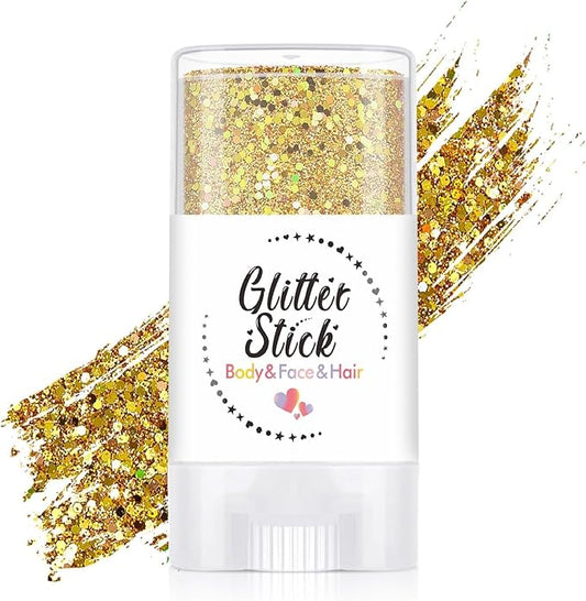 Gold Body Glitter Stick, Neon Outfit Party Holographic Sparkling Sequins Face Paint Mardi Gras Accessories Hair Glitter Gel Makeup. (Gold)