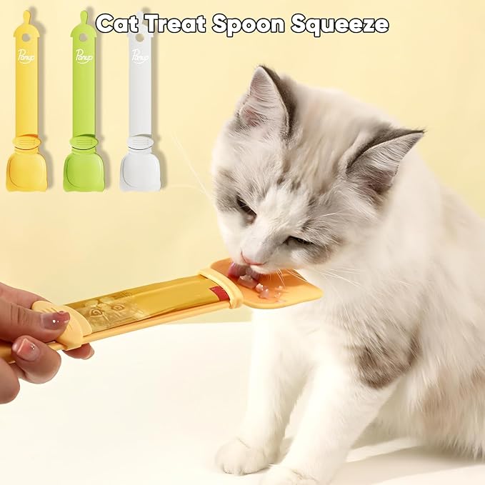 Panup Cat Strip Feeder - 3 Colors Cat Stripe Squeeze Spoon, Treat Feeding Wet Spoons, Cat Food Treat Spoon Dispenser for Pet, White, Green, Yellow