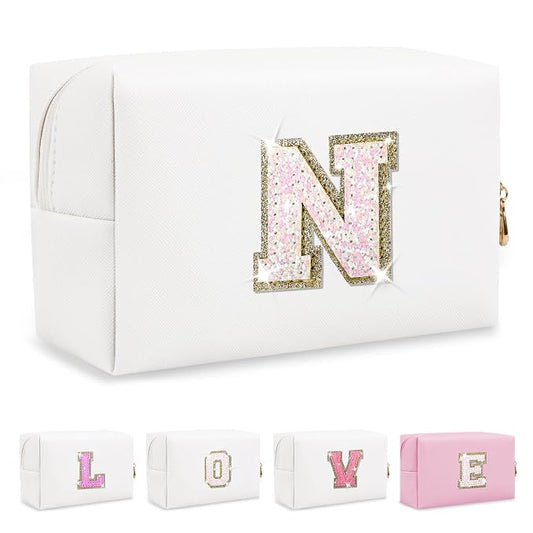 Small Initial Patch Makeup Bag Personalized Gifts Make Up Bag,White Cute PU Leather Glitter Letter Cosmetic Bag with Zipper,Trendy Portable Travel Toiletry Pouch,Preppy Stuff for Teen Girls Women N