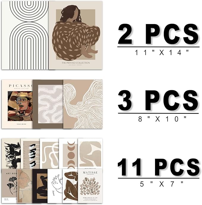 ANERZA 16 PCS Boho Eclectic Wall Art Decor, Abstract Gallery Wall Collage Kit Prints for Bedroom Bathroom, Minimalist Posters for Living Room Aesthetic, Beige and Brown Dorm Home Decor