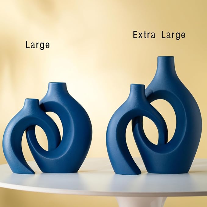 Lvases Blue Snuggle Hollow Ceramic Vase Minimalist Decorative Vases of 2 | 11 Inch Nordic Boho Decor Home Flower Vases for Living Room Coffee Table, Bookshelf Mantle & Entryway Pampas Grass Display
