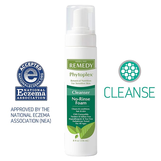 Medline Remedy Phytoplex Hydrating Cleansing Foam, No-Rinse Body Wash and Shampoo, Paraben and Sulfate-Free, 8 fl oz (Pack of 2)