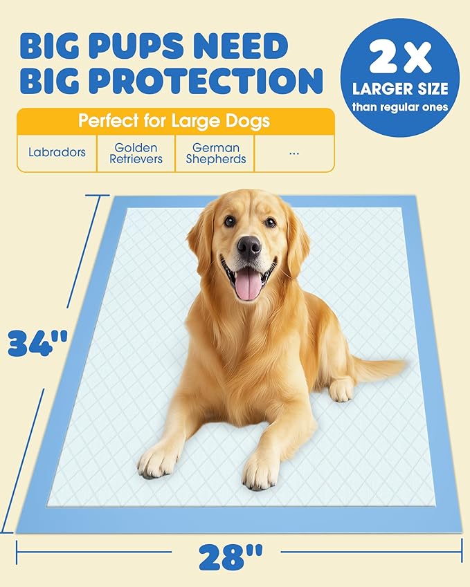 Powools Puppy Pads for Dogs, 34x28 in, 6-Layer Leakproof, 100-Pack | Extra-Large Pee Pads, Disposable, Quick-Dry Dog Pads, High Absorbency, Wee Wee Pads for Dogs, Easy Puppy Potty Training