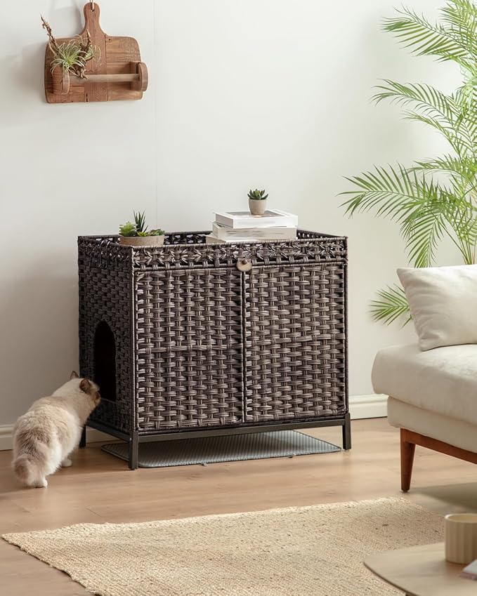 SETVSON Cat Litter Box Enclosure Furniture, Hidden PE Rattan, Brown | Large PE Rattan Kitty House with Metal Heightened Feet, Fits Big Covered Litter Boxes, Litter Mat, 2 Hooks, Frame