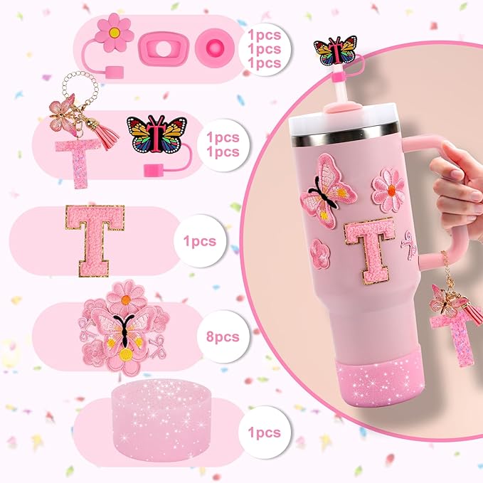 15PCS Cup Accessories Set for Stanley Cup 30oz 40oz Tumbler with Handle, Including Silicone Straw Cover and Boot, Spill Proof Stopper, Stanley Charms, Handle Charm, Initials Sticker