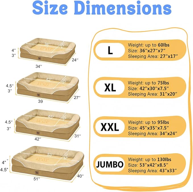 Waterproof Orthopedic XL Dog Bed for Large and Extra Large Dogs | Egg Crate Foam, 4-Sided Bolster Support, Waterproof Liner, Non-Slip Bottom, Machine Washable Cover, 42 x 30 Inch