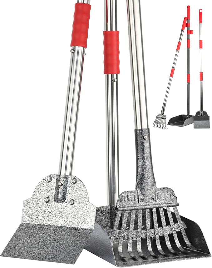 FUSBUNTY Long Handle Dog Pooper Scooper, Heavy Duty Stainless Steel Rake | Includes Tray & Spade for Pet Waste Removal. Rust-Proof Metal Scoop Set for Grass, Dirt, Gravel, Yard & Outdoor Clean Up.