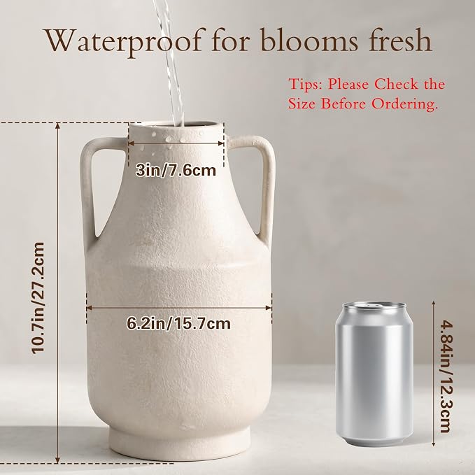 Ceramic Flower Vase with Handles, 11in Tall White Vases for Centerpieces | Waterproof Large Decorative Terracotta Vases for Home Decor, Living Room,Table, Handcrafted (White)