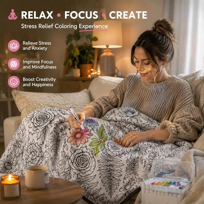VEELU DIY Coloring Blankets with 24 Colors Markers for Adults | Custom Color In Your Own Blankets With 24 Colors Markers, Snuggle Color Sketch Washable Blankets Kit Home Decor
