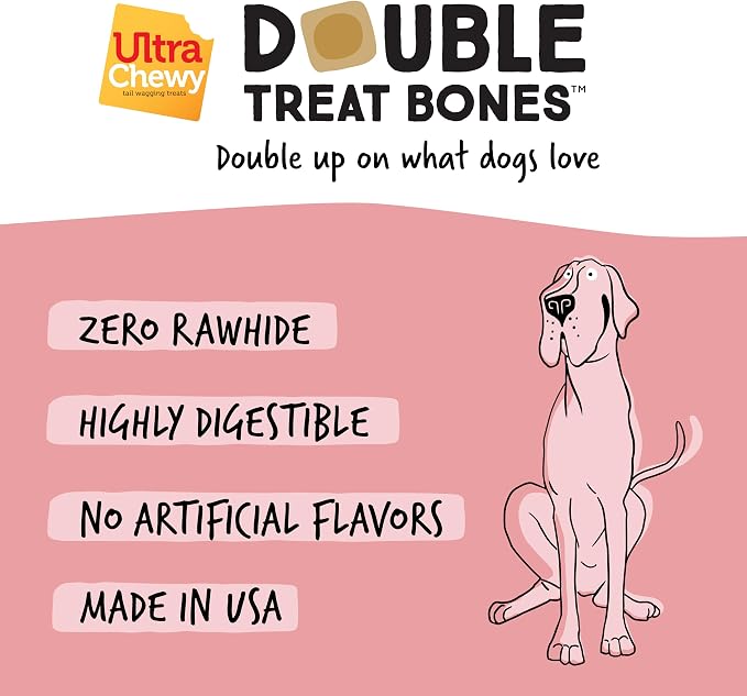 Ultra Chewy Yogurt with Strawberry Double Treat Bones, 12 Count | Long-Lasting Dog Treats, Made in USA, For Large and Small Breeds, Highly Digestible