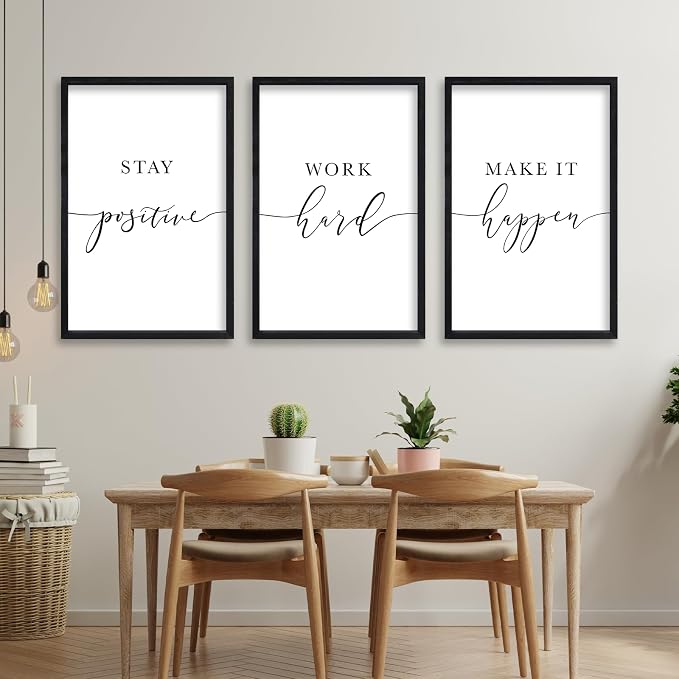 RLWangChao Inspirational Quotes Wall Art Decor 3 Piece 16"X24" Black | Modern Office, Stay Positive Work Hard Make It Happen Motivational, Framed Sign, Living Room Positive Wall Hanging