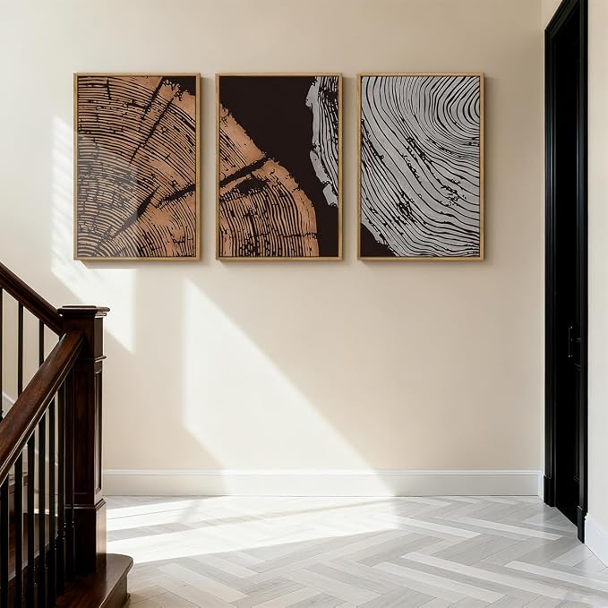 ANHUIB Tree Ring Wall Art 16x24 Inch Black Wall Painting Modern Wood Stump Wall Decor Neutral Minimalist Artprints Set of 3 for Living Room Bedroom Office