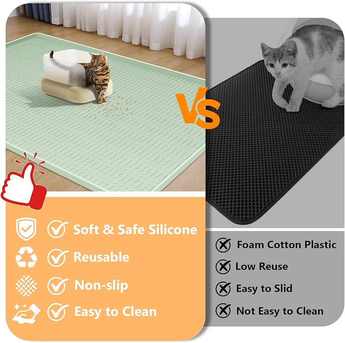 Silicone Cat Litter Mat 47" x 35" Cat Mat for Litter Box, Green | Extra Large Cat Litter Trapping Mat for Floor, Waterproof, Non-Slip Kitty Litter Box Mat with Raised Edge, Easy to Clean