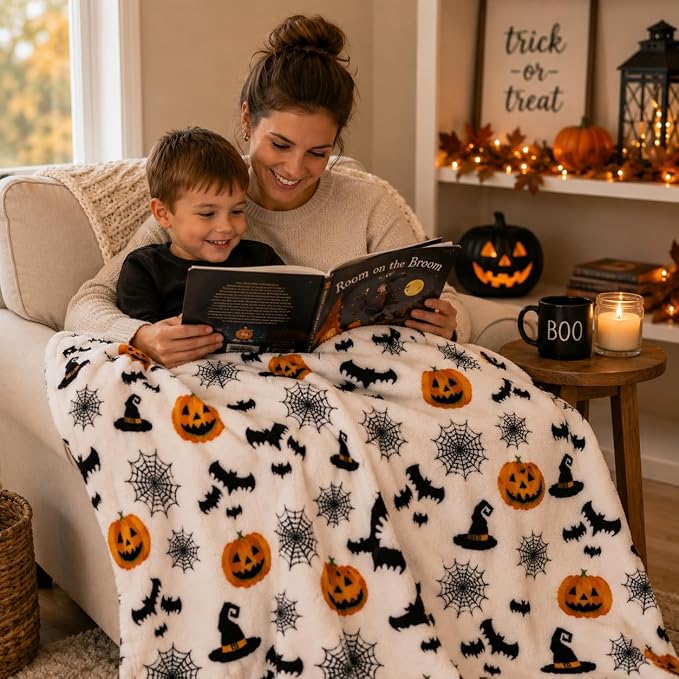 Halloween Fleece Throw Blanket, Witch Hat, Bats, Webs & Pumpkins, 50x60 in | Ultra-soft cozy flannel fleece, for sofa couch bed chair & dorms, spooky Halloween décor, durable and machine washable.
