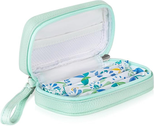 Portable Tampon Organizer - Beige PU Pouch with Handle, Small Case for Feminine Products, Zipper Period Bag for Women's Purse