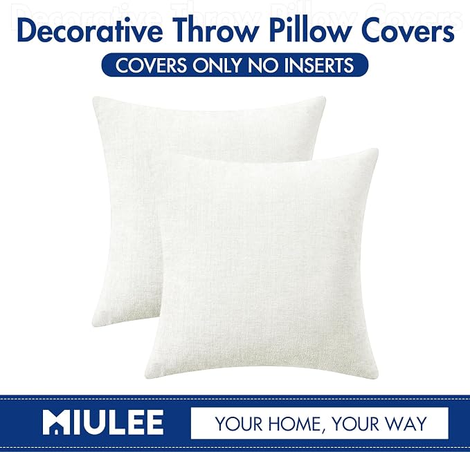 MIULEE Soft Chenille Throw Pillow Covers White 20x20 Inch Pack of 2 | Modern Home Decor, Classic Decorative Pillows, Solid Dyed Cases, Boho Couch Cushion Covers for Sofa Bed Living Room