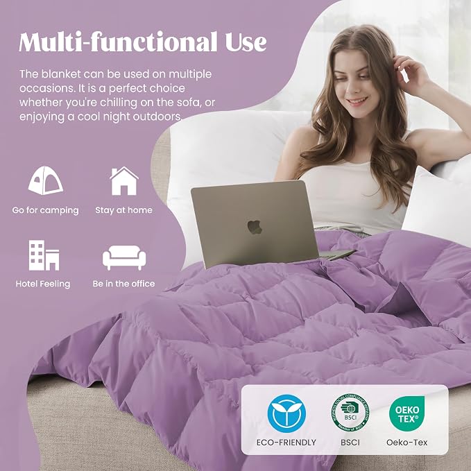 puredown® Soft Feather Down Blanket Lightweight Packable Down & Feather Fill Blanket for Indoor and Outdoor Use, King Size Blankets, 88"X108", Lavender