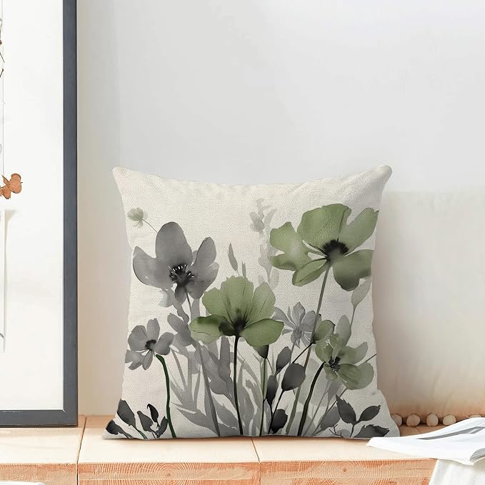 Spring Floral Pillow Covers 18x18 Inches Set of 2 Gray Sage Green Floral Throw Pillow Covers Outdoor Rustic Summer Flower Decoration Pillowcase Farmhouse Decorative Cushion Cover For Home Sofa