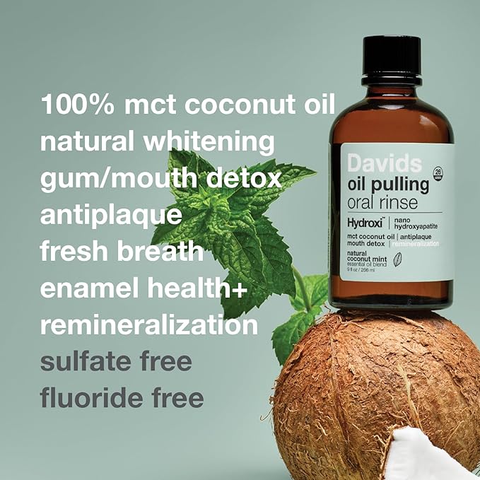 Davids Nano Hydroxyapatite Oil Pulling Oral Rinse Mouthwash, 100% MCT Coconut Oil, Promotes Teeth and Gum Health, Natural Whitening, Essential Oils to Fight Plague & Freshen Breath, Mint Flavor, 9 oz