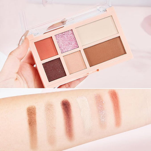 6 Colors Velvety Smooth Eyeshadow Palette, Neutral Nude Eye Shadow Matte & Shimmer Shades, Highly Pigmented Waterproof Long-Lasting Travel-Friendly Daily Eye Makeup Palette for Women, 2#