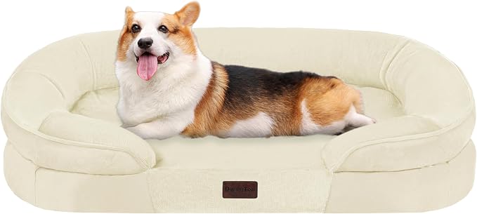 Dwanton Orthopedic Waterproof Medium Dog Bed Sofa, Gel Memory Foam, 36" | Egg-Crate Foam Dog Sofa, Washable Pet Bed with Four Sided Bolster Cushion, Removable Cover & Non-Slip Bottom, Beige