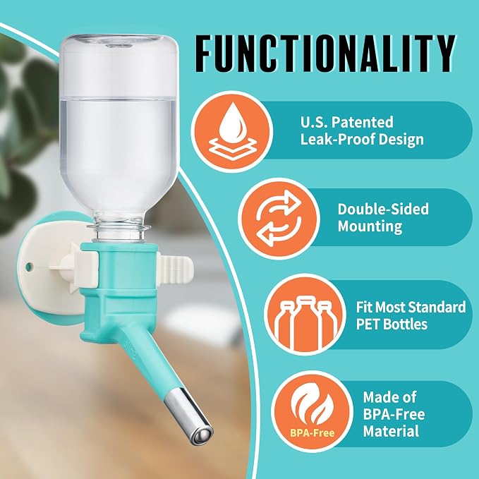 Choco Nose Patented No-Drip Water Bottle/Feeder for Puppies/Toy-Small Breed Dogs/Rabbits/Cats/Chinchillas and Other Small Pets and Animals - for Cages or Crates 10.2 oz. Nozzle 13mm, Aqua (C528)