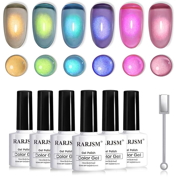 RARJSM Ceramics Glitter Cat Eye Gel Nail Polish Set 6Pcs Wine Red Magenta Purple Teal Blue Emerald Green Bronze Gold Shimmer Smoothie Cateye Gel Polish with Magnetic Stick Curing Require Home Salon
