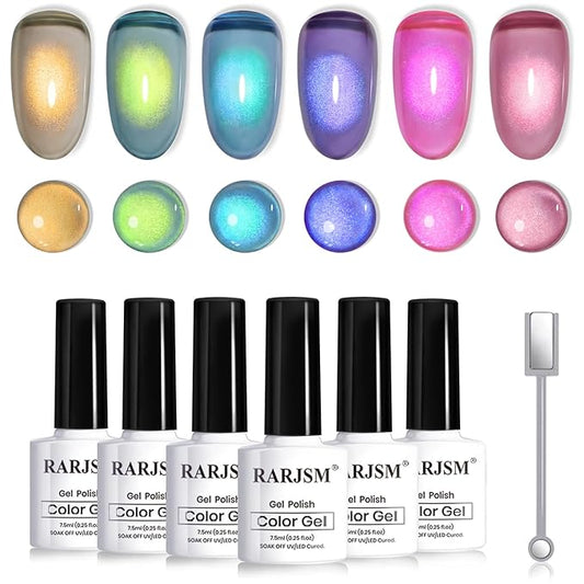 RARJSM Ceramics Glitter Cat Eye Gel Nail Polish Set 6Pcs Wine Red Magenta Purple Teal Blue Emerald Green Bronze Gold Shimmer Smoothie Cateye Gel Polish with Magnetic Stick Curing Require Home Salon