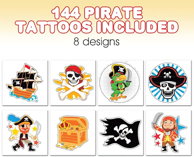 ArtCreativity Pirate Individual Temporary Tattoos for Kids - Pack of 144 Pre-Cut Pirate Tattoos in Assorted Designs, Non-Toxic 2 Inch - Pirates Birthday Party Favors and Goodie Bag Stuffers
