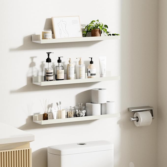 upsimples Floating Shelves for Wall Decor and Storage, White, 6Pcs 23.6'' | Wall Mounted Wood Shelves for Living Room, Bedroom, Bathroom, Kitchen, Office, Nursery Room, Coffee Bar Display and Organize