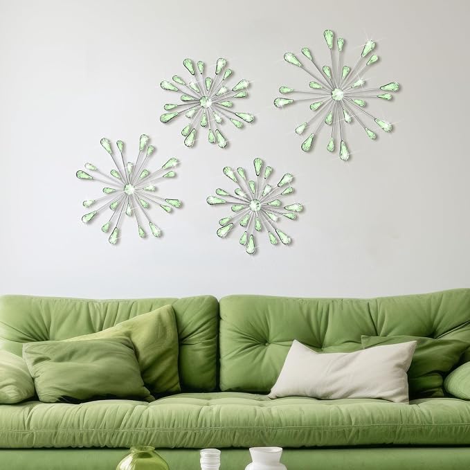 Hicarer 4 Pcs Starburst Wall Decor Bling Wall Art Crystal Teardrop 3D Hanging Rhinestone Radial Metal Artwork Modern Accent Sculptures Decorations for Living Room Home Office Bedroom(Green)
