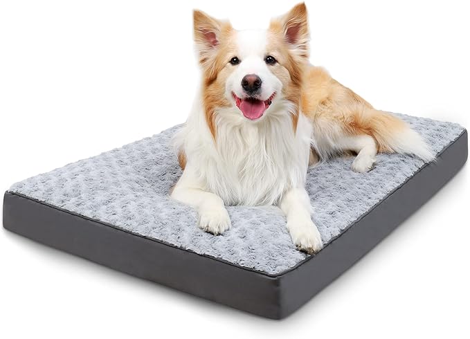 KSIIA Dog Crate Bed Waterproof for Extra Large Dogs - Rose Velvet Soft Fluffy Washable with Removable Cover & Anti-Slip Bottom, 47 x 29 Inch, Light Gray