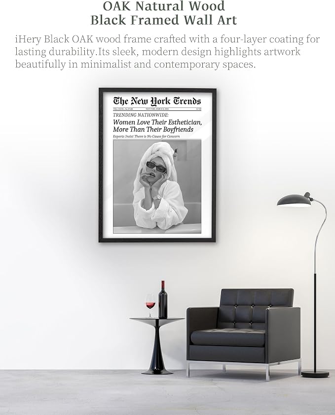 iHery 18x24in Women Love Their Esthetician Framed Bathroom Wall Art | Premium Black OAK Wood Frame with Canvas Print, Vintage Newspaper Decor for Bedroom, Dorm, Vanity Room Living Room, 1Pack