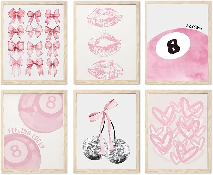 Cute Pink Girl Poster Set of 6, Light Pink Coquette Wall Art Trendy Lucky 8 Ball Wall Decor Paintings Pastel College Apartment Bedroom Living Room Dorm 8x10 inch Unframed