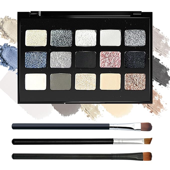 Black Grey Smoky Eyeshadow Palette,15 Colors Matte Shimmer Pigmented Eye Shadow Makeup Palette Set with 3 Eyeshadow Brushes,Glitter Eye Shadow Palette for Daily Halloween Goth Makeup(M)