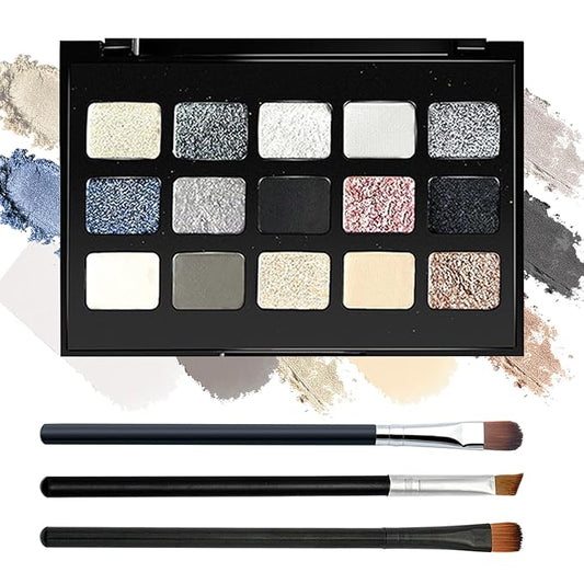 Black Grey Smoky Eyeshadow Palette,15 Colors Matte Shimmer Pigmented Eye Shadow Makeup Palette Set with 3 Eyeshadow Brushes,Glitter Eye Shadow Palette for Daily Halloween Goth Makeup(M)