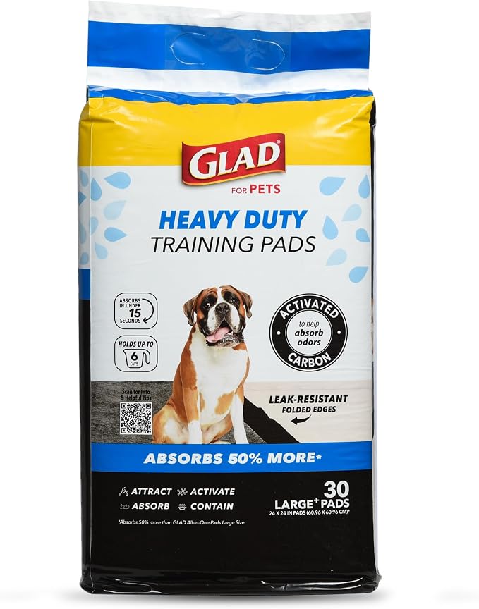 Glad for Pets XL Charcoal Training Pads, Heavy Duty, 24x24 in, 30 Ct, 8-Pk | Quick-dry quilted top and leak-resistant layers for indoor potty use and crate liners, 24 x 24 in