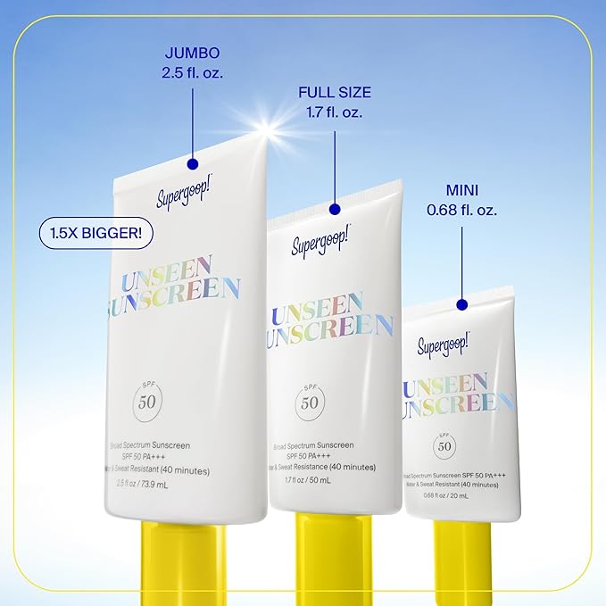 Supergoop! Unseen Sunscreen - SPF 50 - Clear & Invisible Face Sunscreen + Broad Spectrum + Makeup-Gripping Primer - Weightless, Scentless, Oil Free - For All Skin Types & Tones - 0.68 fl oz